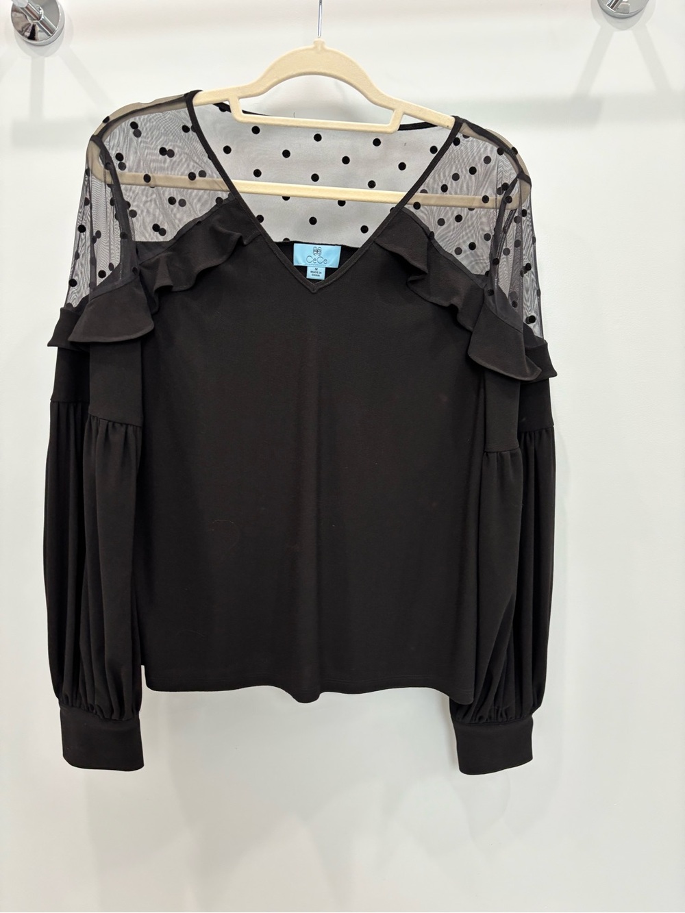CeCe Black Sheer Polka Dot Ruffle Blouse